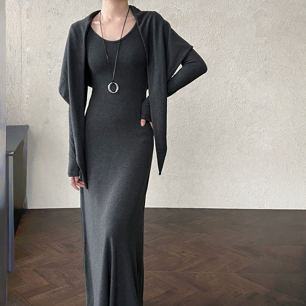 【ワンピース】春 秋 冬ラウンドネック ニット ショール付き  長袖 ワンピース 【JZシリーズ】