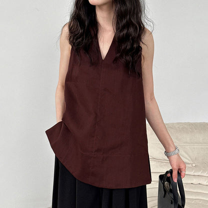 【トップス】デザイン性のある ハイネック 夏の涼感 リラックス Vネック ノースリーブブラウス【JZシリーズ】