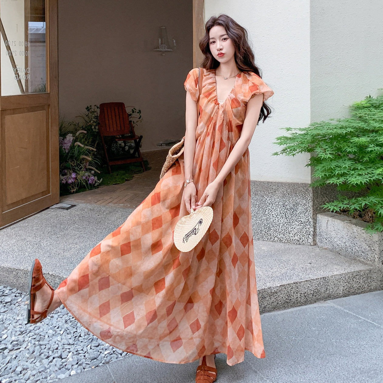 【ワンピース】ワンピース 夏 Vネック 半袖 ダイヤ柄プリント ロング丈 フレンチスタイル リゾート バカンス ゆったり 着痩せ 上品【SHシリーズ】