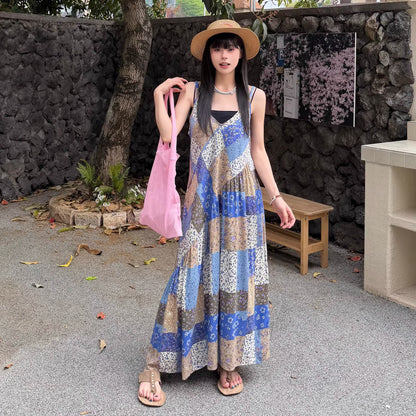 【ワンピース】アートフラワー キャミワンピース レディース ノースリーブ 夏 ゆったり フレアロング丈 体型カバー リネン風 人気 レトロコーデ【SHシリーズ】