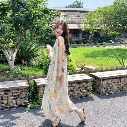【ワンピース】フレンチレトロ花柄ホルターネックワンピース レディース リゾート風 ロング丈 プリント 夏ワンピース【SHシリーズ】