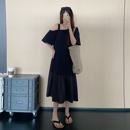 【ワンピース】オフショルダーワンピース レディース 夏 半袖 マーメイドシルエット ロング丈 ゆったり体型カバー 半袖 着痩せ デザインワンピース【JZシリーズ】
