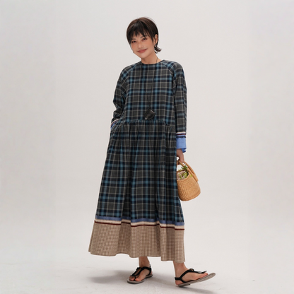 【ワンピース】レトロチェック柄 ナチュラル文芸風 クルーネック 長袖 ワンピース 【JZシリーズ】