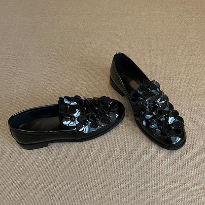 【シューズ】ミドルヒール フラワーデザイン ローファー レディース カジュアル 春秋コーデ パンプス