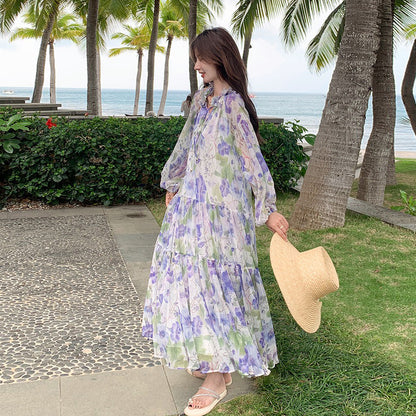 【ワンピース】ビーチ バカンス風 風油絵 小花柄 ワンピース 春夏 フレンチ 柔らかい雰囲気 長袖 日焼け防止 ドレス【SHシリーズ】