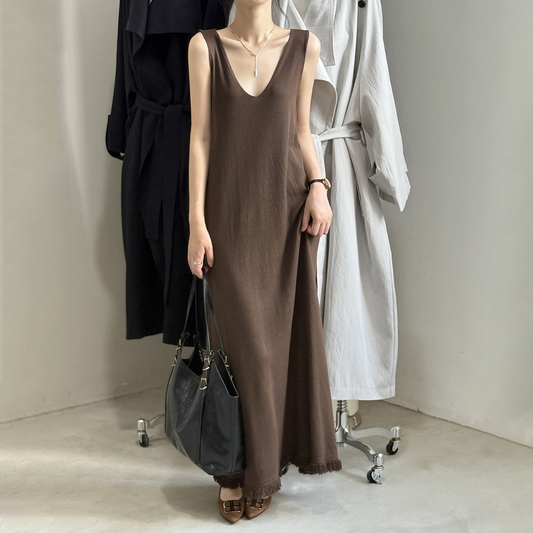 【ワンピース】インナー重ね着用 Vネックニット ノースリーブワンピース レディース 秋新作 デザイン性のあるドレープ感 フリンジ裾 【JZシリーズ】