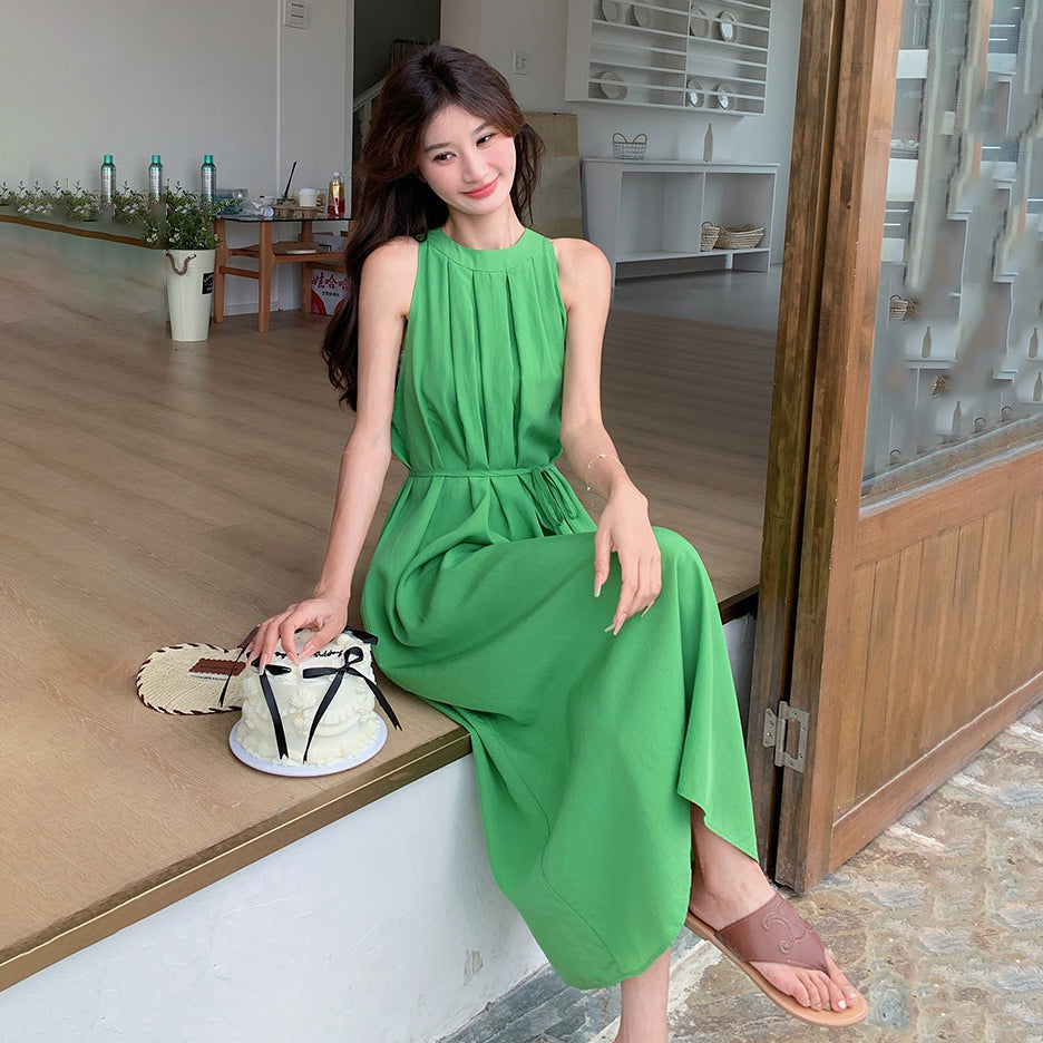 【ワンピース】夏 バカンス森系 細見え気質 ノースリーブオフショルダーワンピース【JZシリーズ】