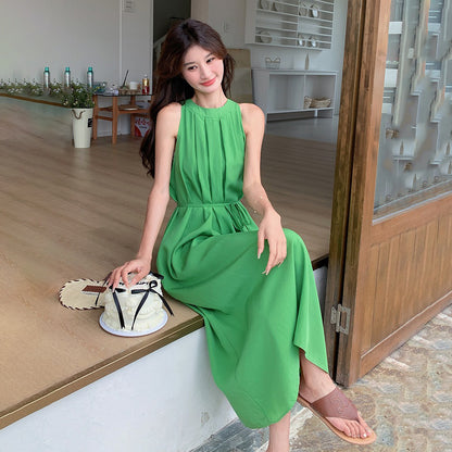 【ワンピース】夏 バカンス森系 細見え気質 ノースリーブオフショルダーワンピース【JZシリーズ】