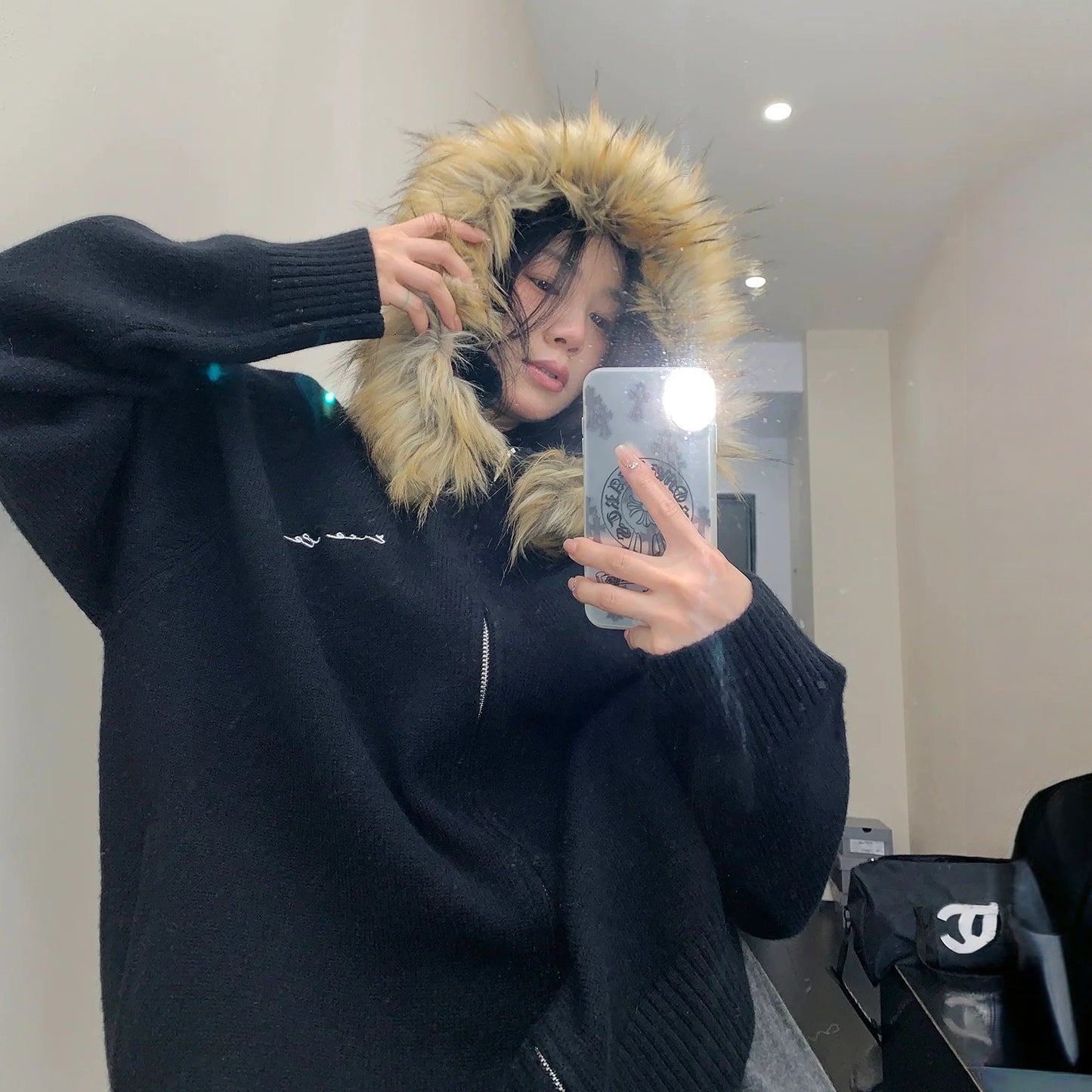 【アウター】春 秋 冬 ファーフード ヘビーウェイト 厚手 ニット ジャケット 【FCシリーズ】