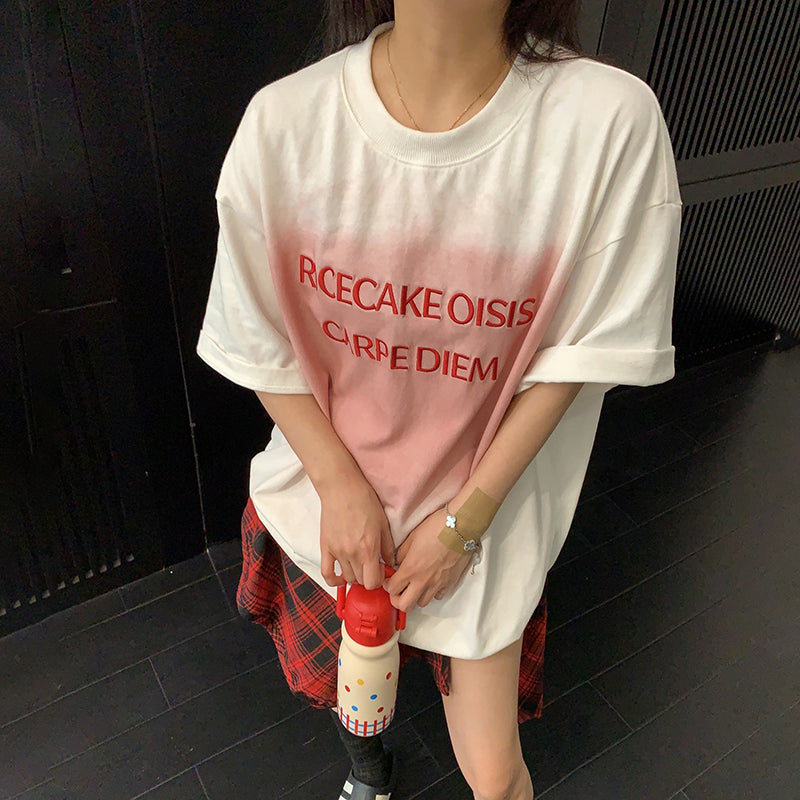 【トップス】ヴィンテージ風 立体刺繍 ダメージ加工 半袖Tシャツ 夏 ルーズ リラックス カジュアル【FCシリーズ】