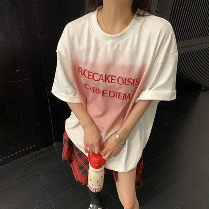 【トップス】ヴィンテージ風 立体刺繍 ダメージ加工 半袖Tシャツ 夏 ルーズ リラックス カジュアル【FCシリーズ】