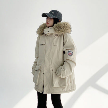 【アウター】💖ユニセックスで着用可！アメリカンヴィンテージ風ワークジャケット ミドル丈 ファー付き 冬新作 綿入れコート【FCシリーズ】