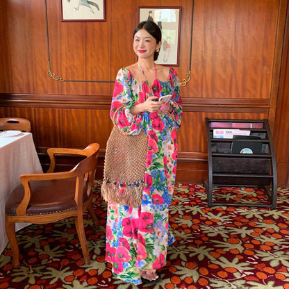 【ワンピース】超可愛い 春夏 ゆったり ロング丈  Vネック 背中あき 花柄 長袖ワンピース【SHシリーズ】