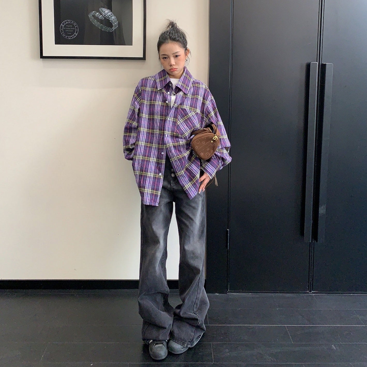 【トップス】こなれ感 バックリボン パープル チェック シャツ 【FCシリーズ】