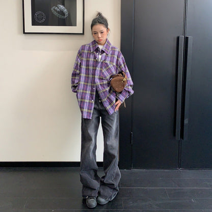 【トップス】こなれ感 バックリボン パープル チェック シャツ 【FCシリーズ】