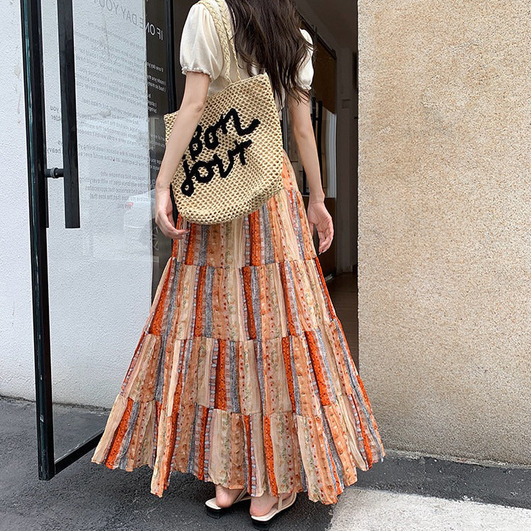 【ボトムス】シフォン花柄ロングスカート レディース 夏 ドレープ感 ティアードデザイン Aラインスカート 着痩せ【SHシリーズ】