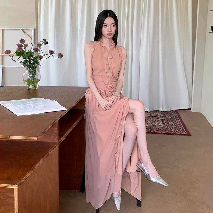 【ワンピース】ピンク Vネック ホルターネック バックオープン ワンピース 夏新作 フリルデザイン ノースリーブ ロング丈 レディース【JZシリーズ】