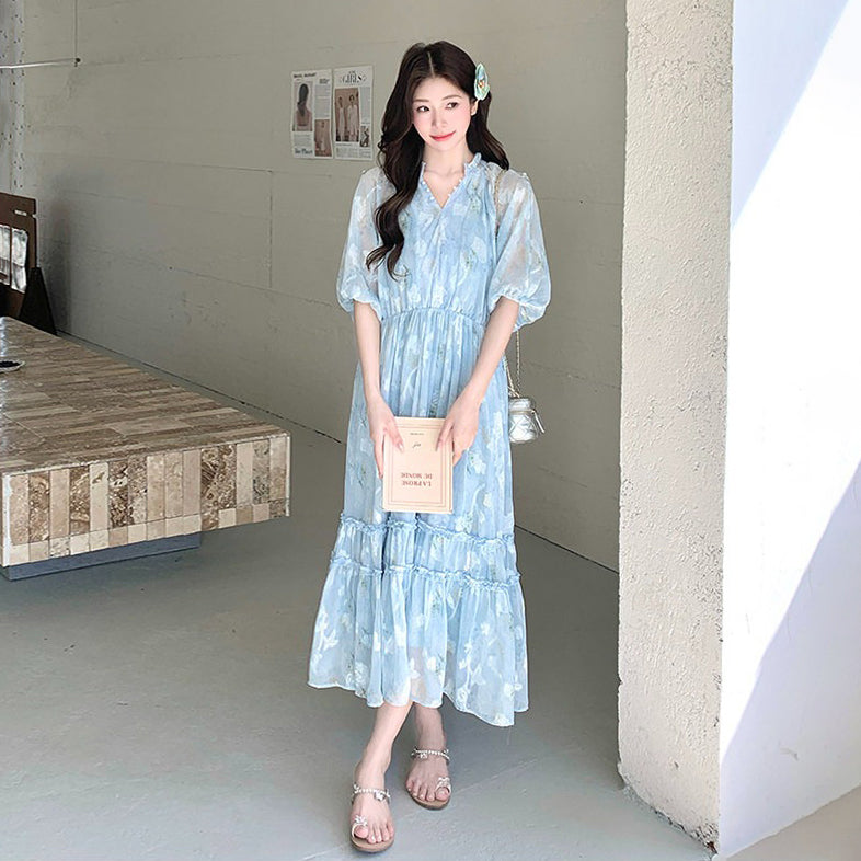 【ワンピース】フレンチ 半袖ワンピース｜オフショル 肩出し ロング丈｜韓国ファッション ウエストマーク 着痩せ 映えドレス【SHシリーズ】