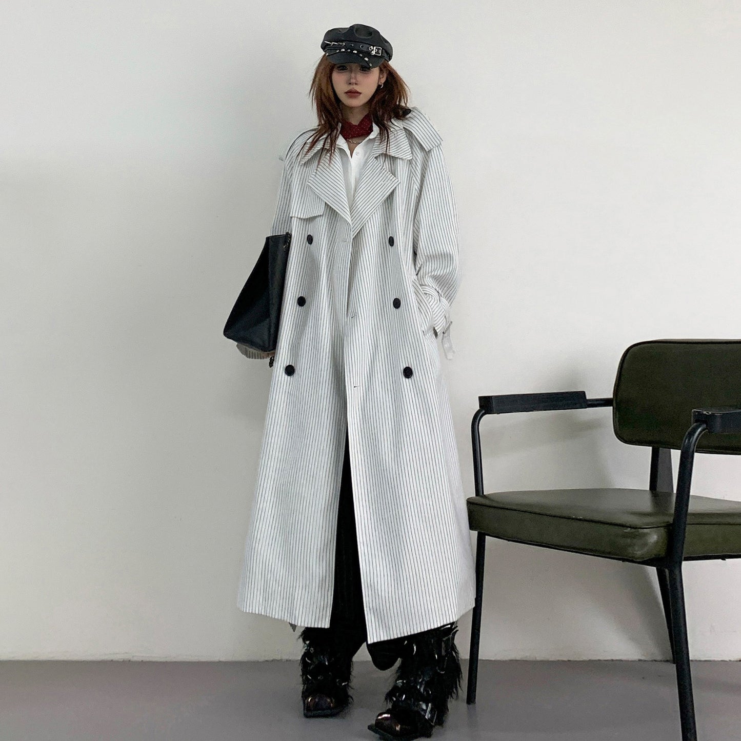 【アウター】韓国風 ストライプ ダブルボタン ベルト付き ロングトレンチコート【FCシリーズ】【10～15日内発送】
