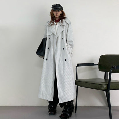 【アウター】韓国風 ストライプ ダブルボタン ベルト付き ロングトレンチコート【FCシリーズ】【10～15日内発送】