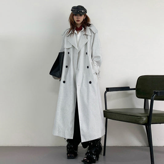 【アウター】韓国風 ストライプ ダブルボタン ベルト付き ロングトレンチコート【FCシリーズ】【10～15日内発送】
