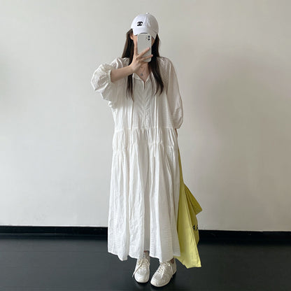 【ワンピース】レディース ホワイト 長袖 ワンピース フレンチリゾート レースアップ デザイン ロングワンピース テクスチャー素材 上品 きれいめ 夏【FCシリーズ】