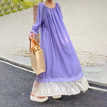 【ワンピース】7カラー 韓国風 ゆったり大きめサイズ オフショルダー レース スウィート ドレス 長袖ワンピース