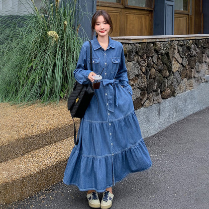 【ワンピース】高級感レトロ  デニム 長袖シャツワンピース 人気 ウエストマーク ロングワンピース【JZシリーズ】