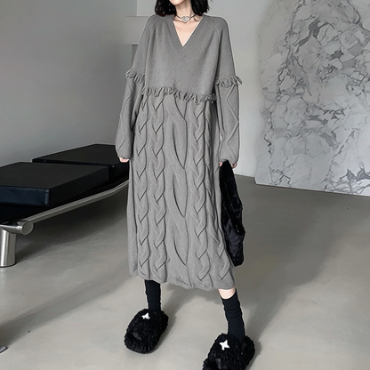 【ワンピース】個性派デザイン レディース 長袖 ケーブル編みニットワンピース Vネック ゆったり 秋冬【AHシリーズ】