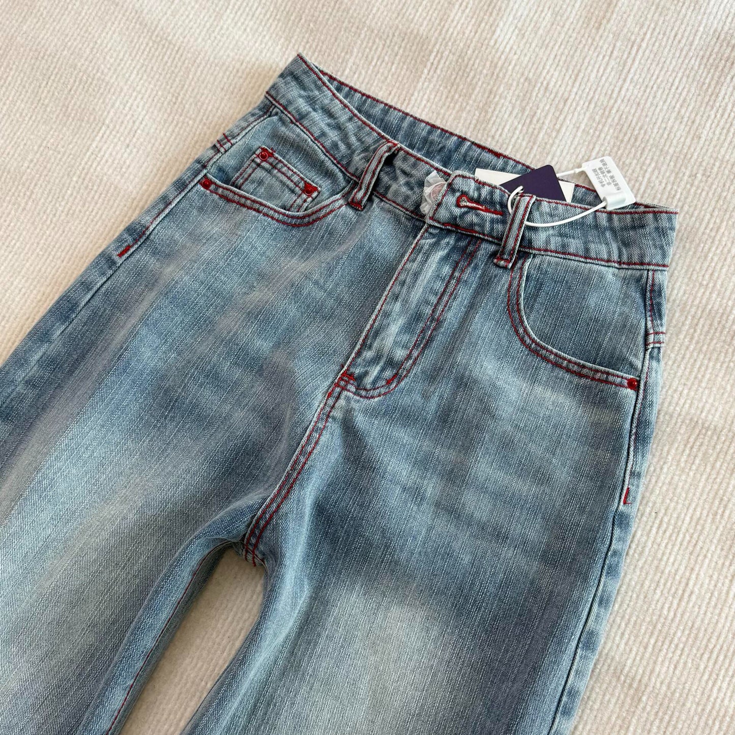 【ボトムス】刺繍デザイン ワイドデニムパンツ レディース ハイウエスト 美脚シルエット ライトブルー ロング丈【FCシリーズ】