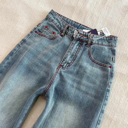 【ボトムス】刺繍デザイン ワイドデニムパンツ レディース ハイウエスト 美脚シルエット ライトブルー ロング丈【FCシリーズ】