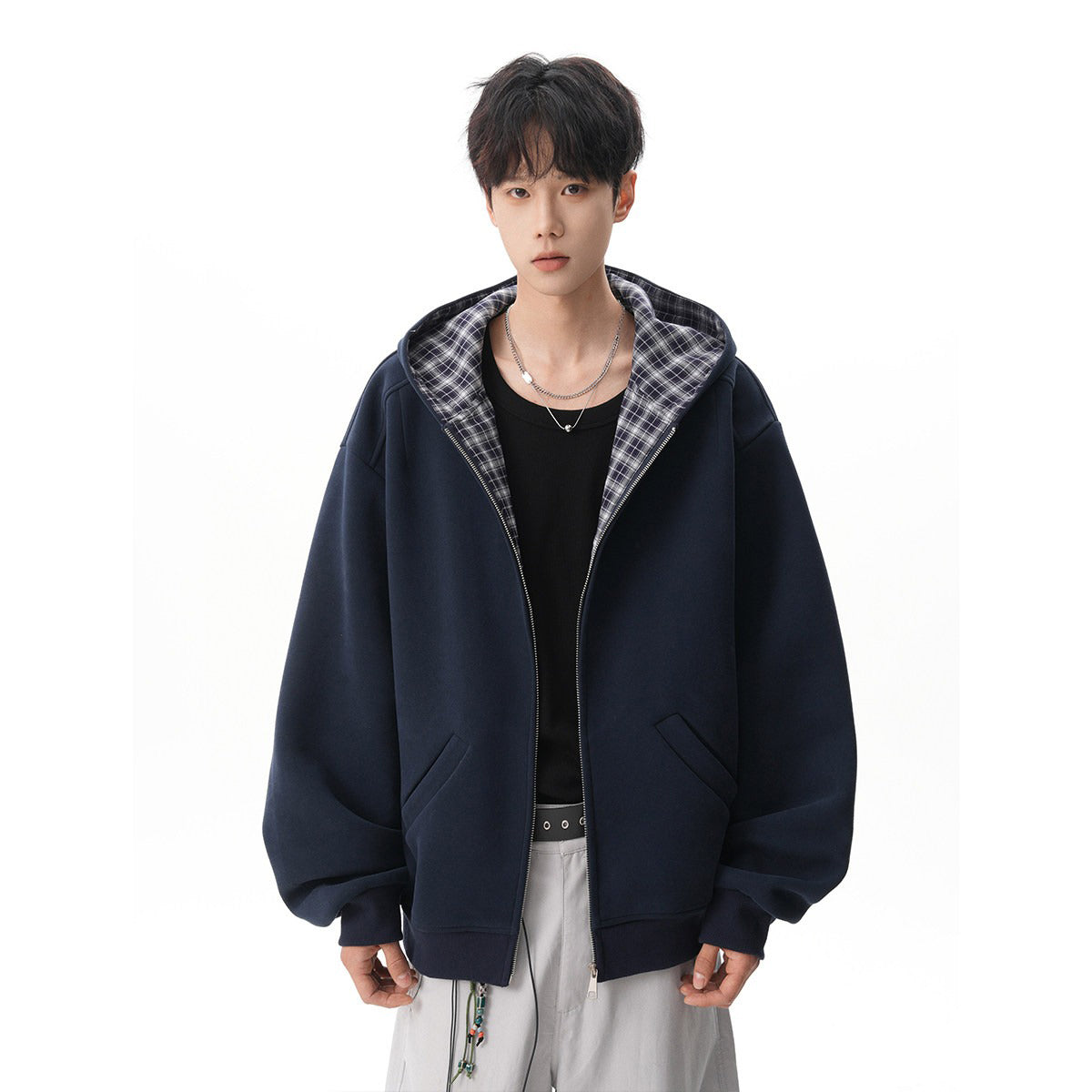 【アウター】アメリカンチェック切り替え フード付きパーカー 男女兼用 春秋 ゆったり ルーズ カジュアル スポーツジャケット【FCシリーズ】