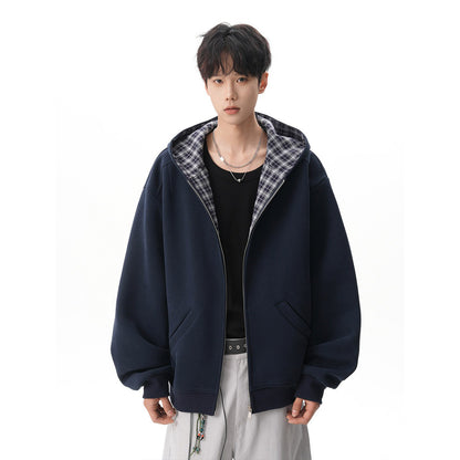 【アウター】アメリカンチェック切り替え フード付きパーカー 男女兼用 春秋 ゆったり ルーズ カジュアル スポーツジャケット【FCシリーズ】