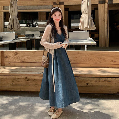 2点セット！【セットアップ】フレンチ風 ニットカーディガン＋デニムキャミワンピース セットレディース 秋新作 若見え 優雅 人気