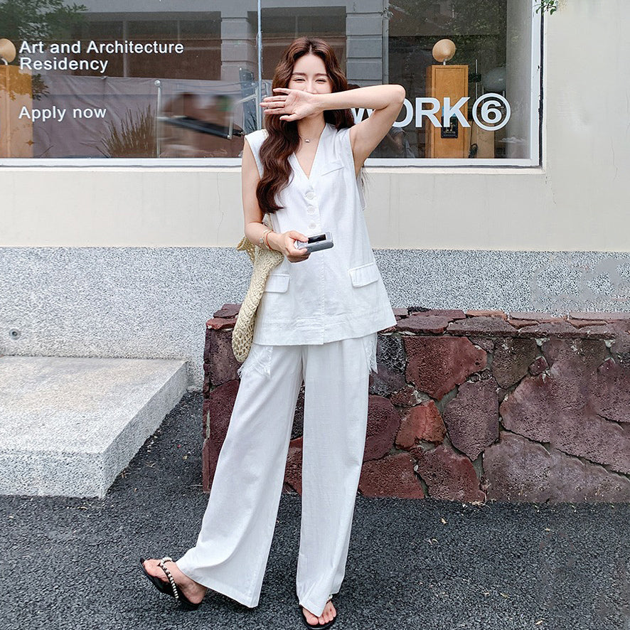 2点セット！【セットアップ】夏 通勤 レース切替 バックレス ベスト＋ワイドパンツ 上下セット【JZシリーズ】【SNシリーズ】