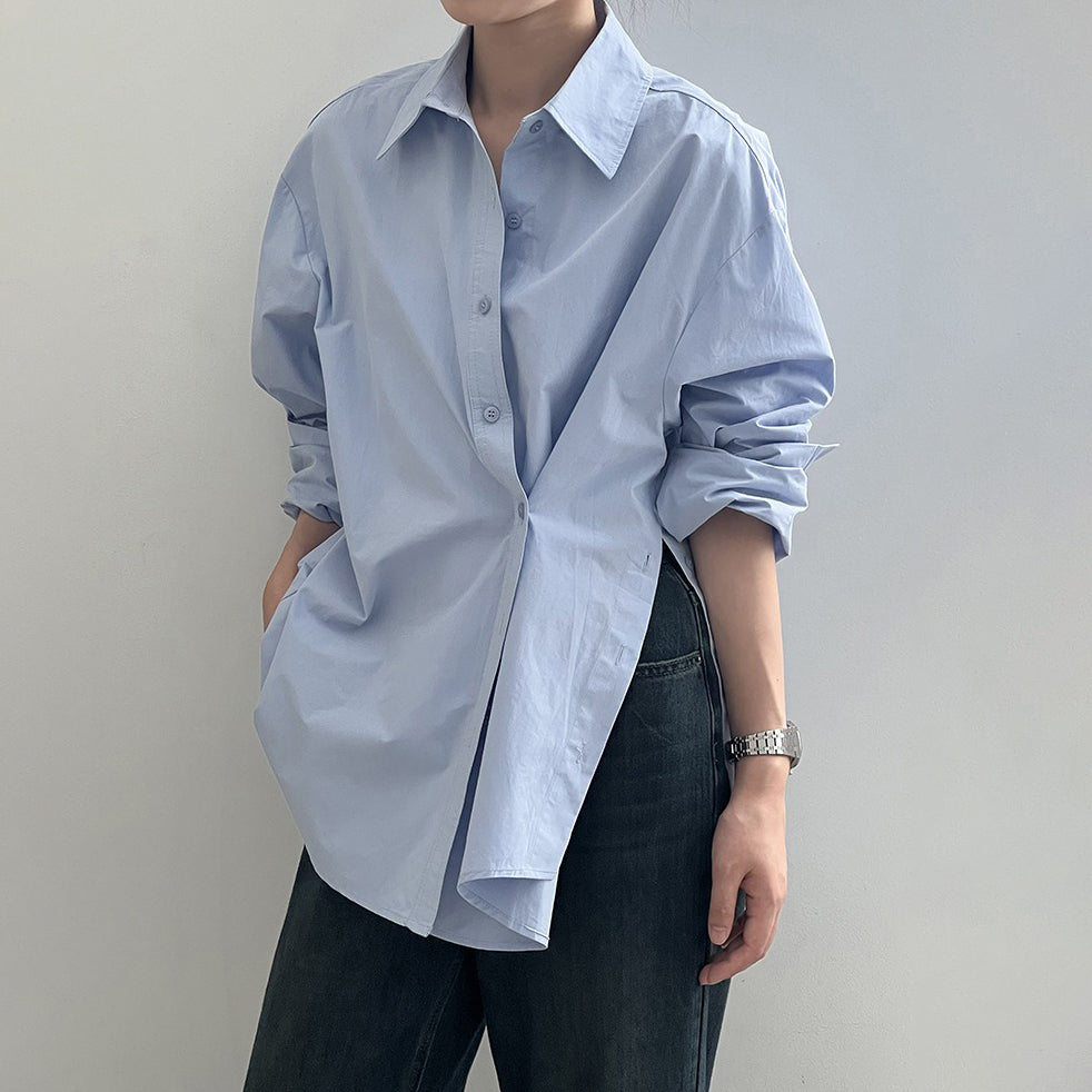 【トップス】秋新作 韓国風 ミニマル 長袖 シャツ｜斜めボタン×シンプル美シルエット｜【SNシリーズ】