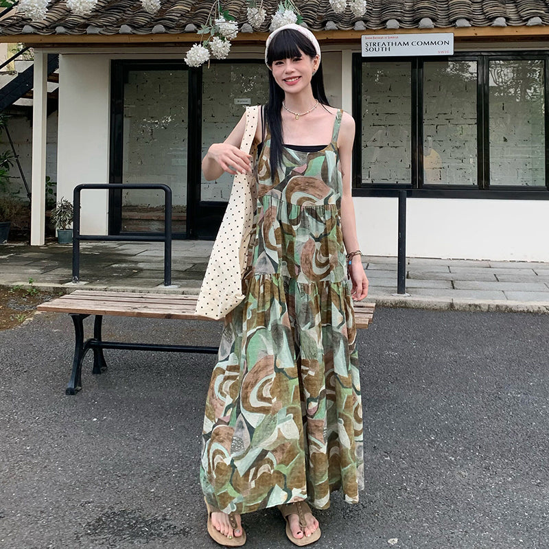 【ワンピース】キャミソールワンピース レディース 2026新作 夏 ハイウエスト フレア ロング丈 ノースリーブ リゾート 旅行 フォトジェニック ナチュラル【SHシリーズ】