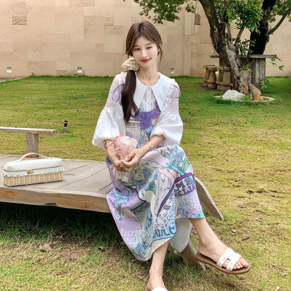 法式油畫印花吊帶洋裝兩件套｜印花洋裝＋罩衫套裝【SH系列】