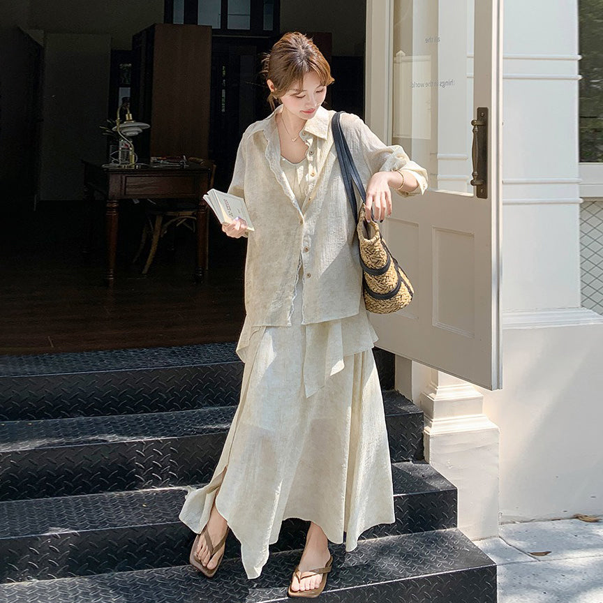 2点セット！【セットアップ】フレンチ エレガント レースシャツ＋キャミワンピースセット レディース 春夏秋 甘めスタイル ユニークで美しい 2点セット【JZシリーズ】