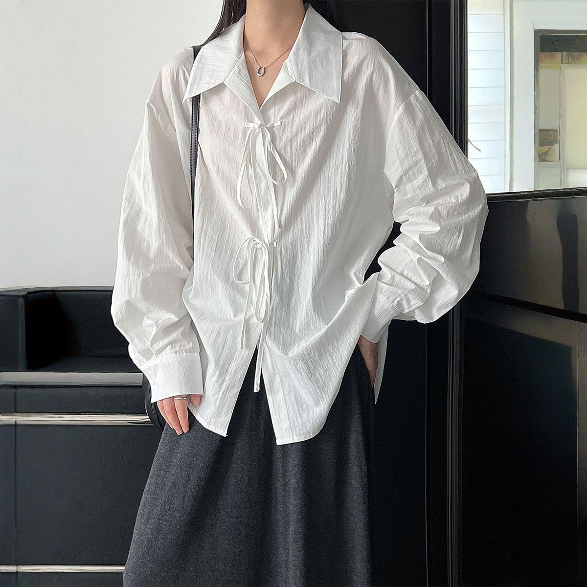 【トップス】春 秋 鹿西 ゆったり デザイン感 リボンタイ  シャツ 【JZシリーズ】