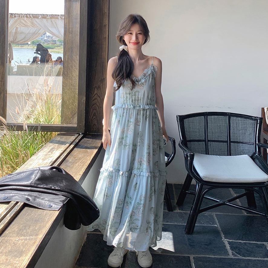 【ワンピース】ブルー ノースリーブ キャミソール 花柄ワンピース リゾート風 ゆったり スリム見え 夏【SHシリーズ】