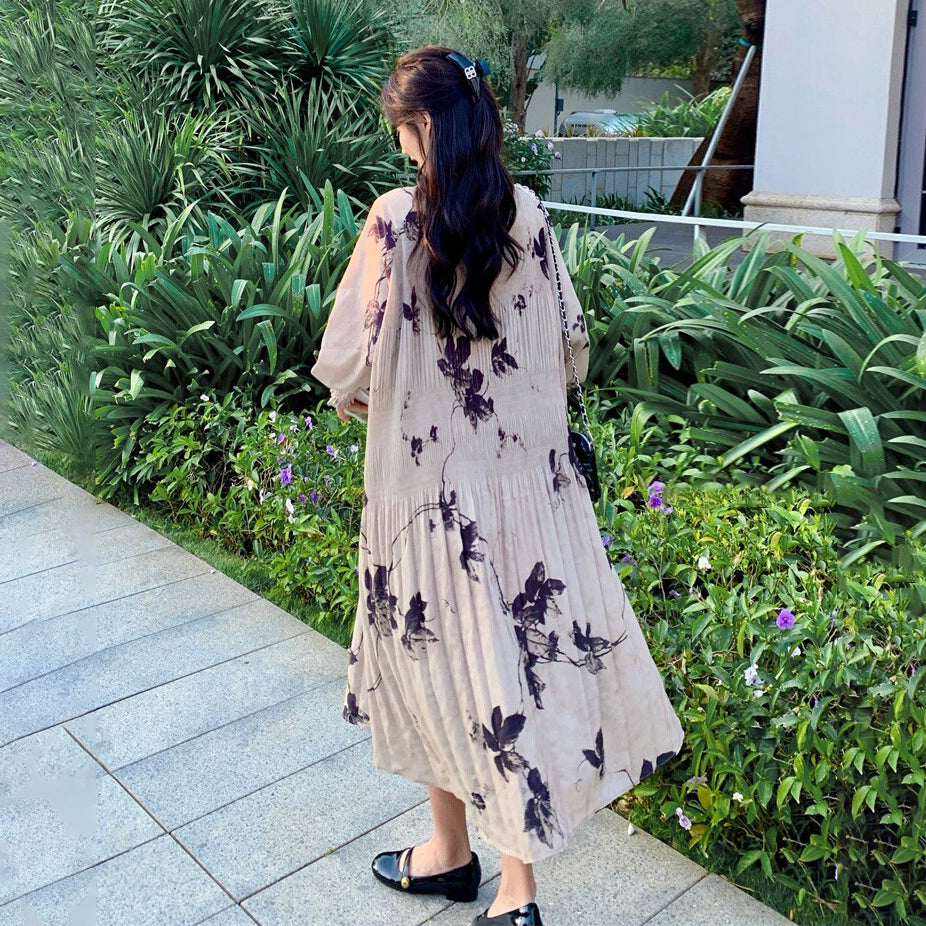 【ワンピース】新中華風 水墨花柄 長袖ワンピース レディース ハイウエスト Aライン トレンド【SHシリーズ】