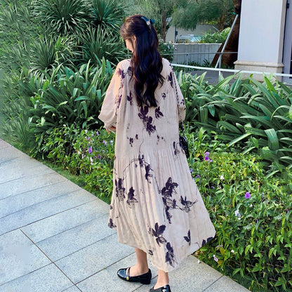 【ワンピース】新中華風 水墨花柄 長袖ワンピース レディース ハイウエスト Aライン トレンド【SHシリーズ】