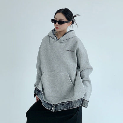 【トップス】春秋冬 配色デニム切り替え 裏起毛 パーカー ゆったり レディース【FCシリーズ】