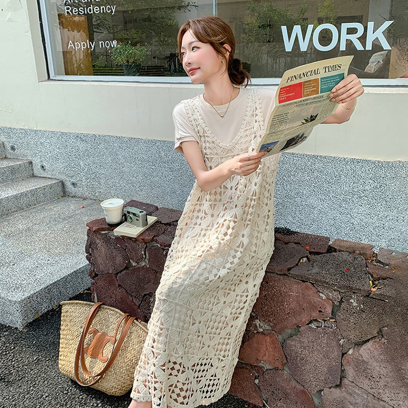 2点セット！【セットアップ】透かし編みカーデ+ 半袖ワンピースセットアップ｜激かわ映えロングワンピース【JZシリーズ】