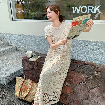 2点セット！【セットアップ】透かし編みカーデ+ 半袖ワンピースセットアップ｜激かわ映えロングワンピース【JZシリーズ】