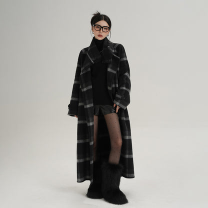 【アウター】上質 ウール100% ダブルフェイス コート レディース ロング丈 ネイビーチェック柄 秋冬 高級感【JZシリーズ】