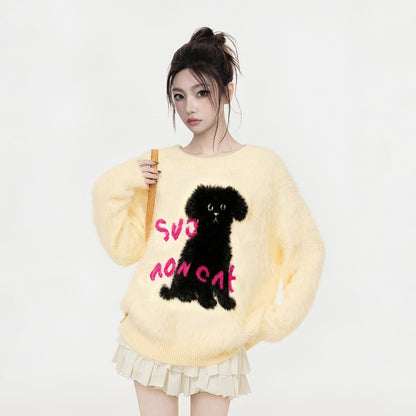 【トップス】小犬モチーフ マハラム風 ニット レディース 秋冬 厚手 ふんわり ミンク風 クルーネック セーター【FCシリーズ】
