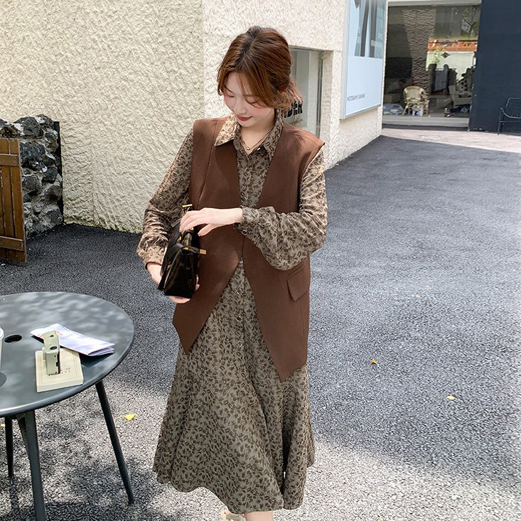 2点セット！【ワンピース】他と被らない 優しい雰囲気 甘めレトロ ベスト+ 花柄長袖ワンピース セット 大人可愛い 個性派【SHシリーズ】