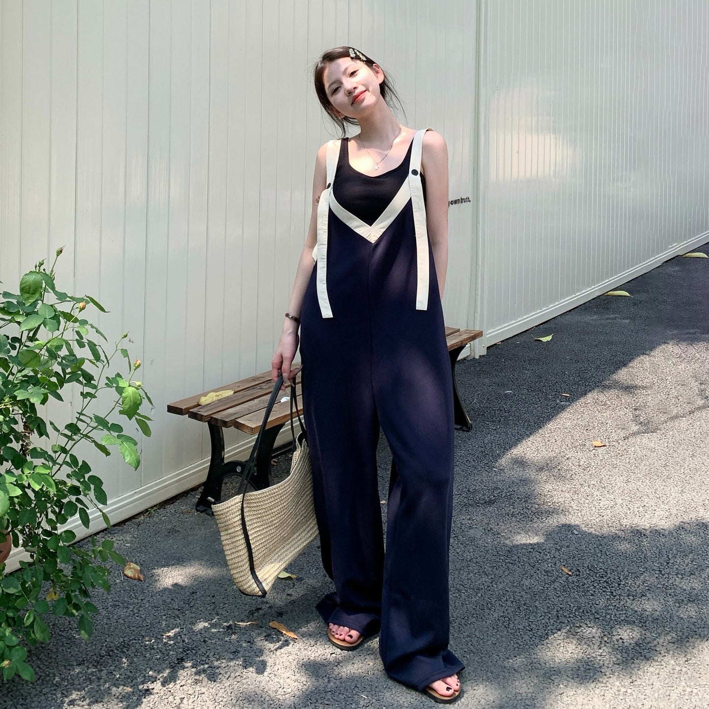 【ボトムス】ヴィンテージ配色Vネック ゆる系夏用カジュアルオールインワン